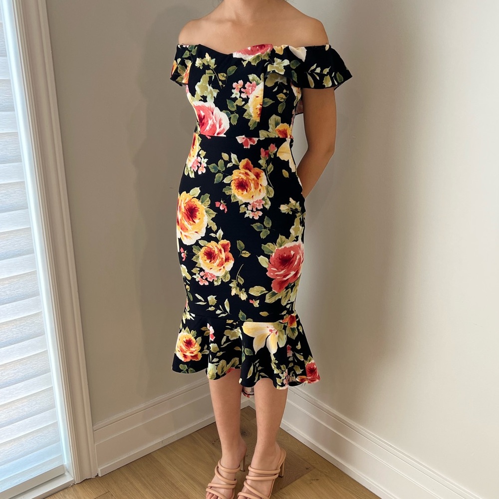 Floral print off shoulder midi dress